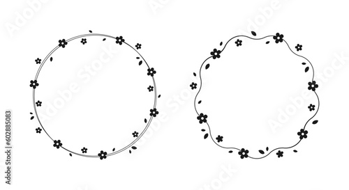 Round Floral Frame Silhouette Doodle. Spring botanical circle border template, flourish design element for wedding, greeting card.