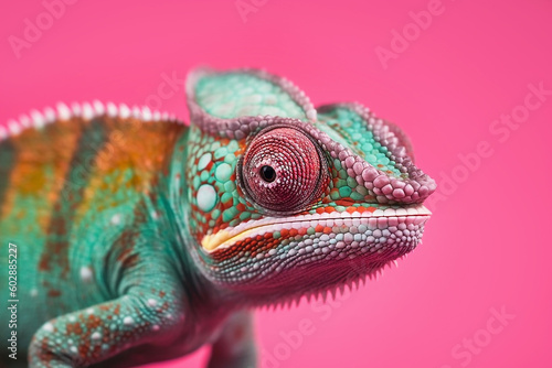 Chameleon on a pink background close-up, created with Generative AI technology.