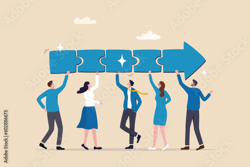 Team collaboration for success, teamwork or cooperation, employee participation or organization, partnership work together, career growth concept, business people employee connect arrow jigsaw puzzle. photo