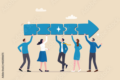 Team collaboration for success, teamwork or cooperation, employee participation or organization, partnership work together, career growth concept, business people employee connect arrow jigsaw puzzle.