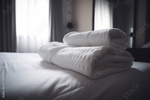 room white hotel service home resort bed luxury fresh towel. Generative AI. © VICHIZH