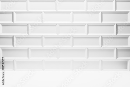 White abstract blank stage with white glossy ceramic rectangle tile wall in bright light, wood floor as mockup for presentation cosmetic products, goods, design. Abstract interior in modern style. © finepoints