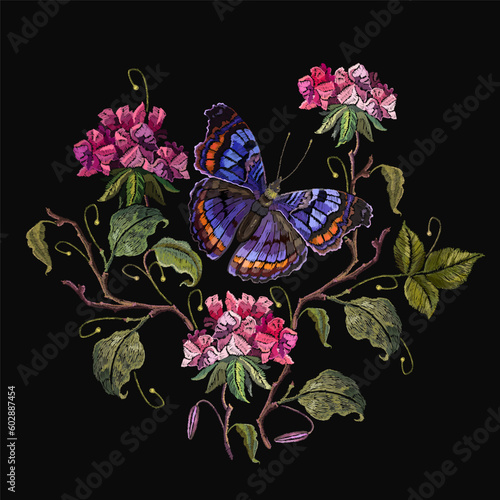 Embroidery datura flowers and butterflies. Botanical illustration. Summmer garden art. Template for design of clothes, t-shirt design