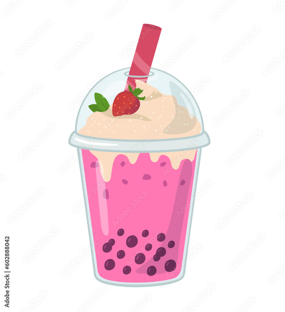 Bubble milk tea with strawberry and tapioca pearls on white background. Ymmy milkshake with berry vector illustration