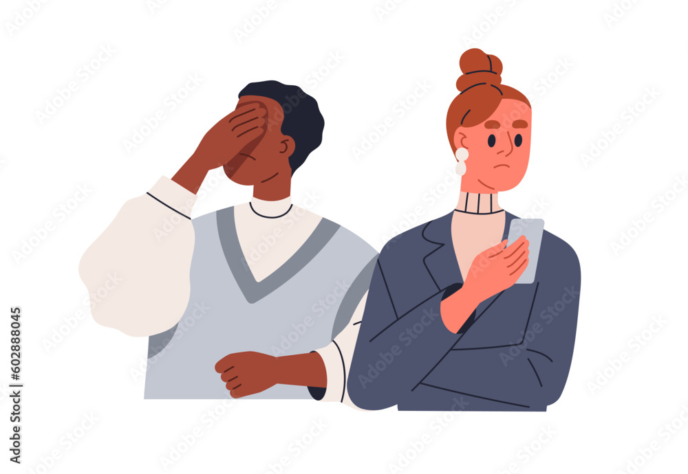 Facepalm and sad reaction to social media content, online news in phone. Different negative emotions, expressions after internet message. Flat graphic vector illustration isolated on white background Facepalm and sad reaction to social media content, online news in phone. Different negative emotions, expressions after internet message. Flat graphic vector illustration isolated on white background