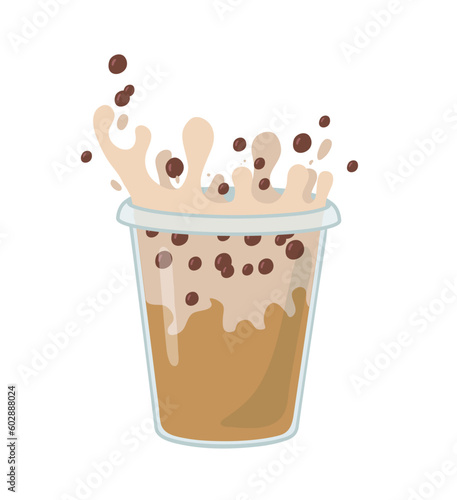 Bubble milk tea with coffee and tapioca pearls. Milkshake with splash vector illustration. Frape cold drink photo