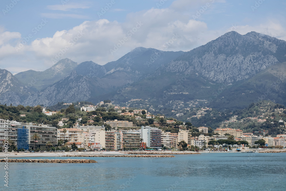 Fototapeta premium Roquebrune, France - 14 May 2023: View of the beach and commune of Roquebrune Cap Martin on the French Riviera