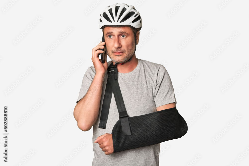 Studio portrait captures man's vulnerable moment after bicycle accident. Studio portrait captures man's vulnerable moment after bicycle accident.