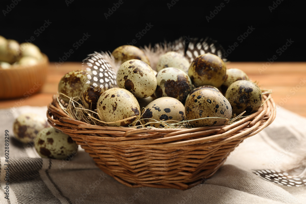 Speckled quail eggs and feathers on table, closeup Speckled quail eggs and feathers on table, closeup