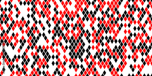 Harlequin seamless pattern in black and red colors. Argyle classic fabric design. Diamond or lozenge simple background. Joker geometric vector wallpaper. Venetian rhombus carnival ornament.