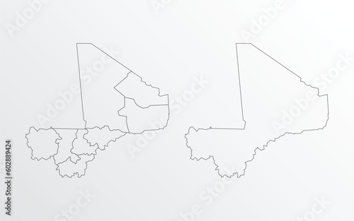 Black Outline vector Map of Mali with regions on white background