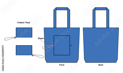 Blue foldable tote bag with zipper template on white background.Front and back view, vector file