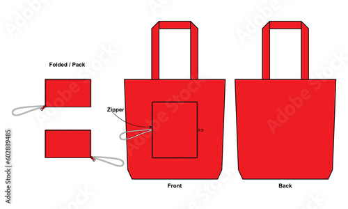 Red foldable tote bag with zipper template on white background.Front and back view, vector file