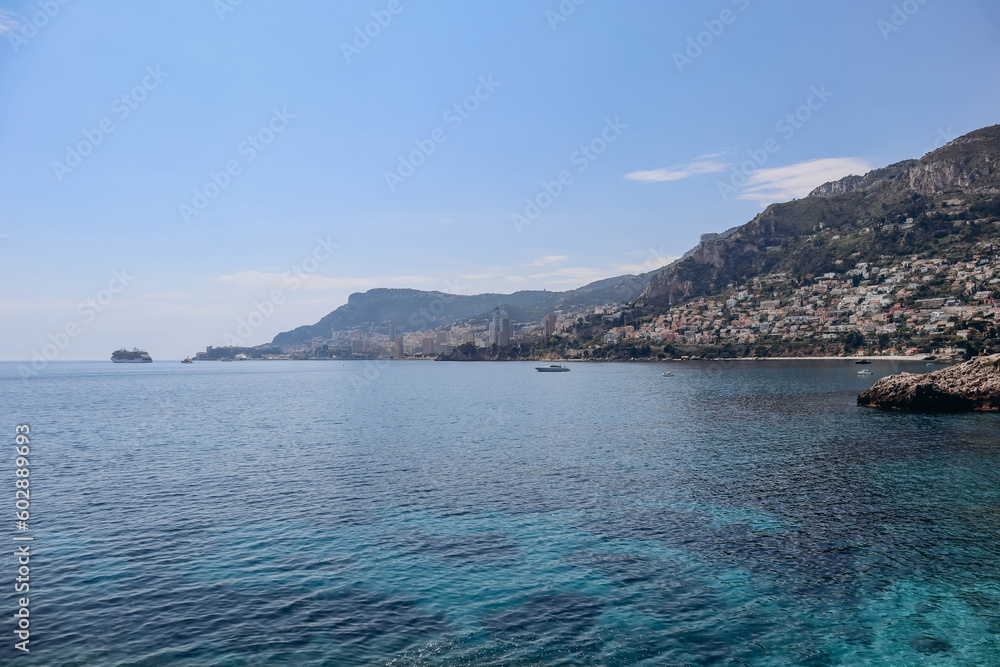 The coast in Roquebrune with a rocky shore and azure water