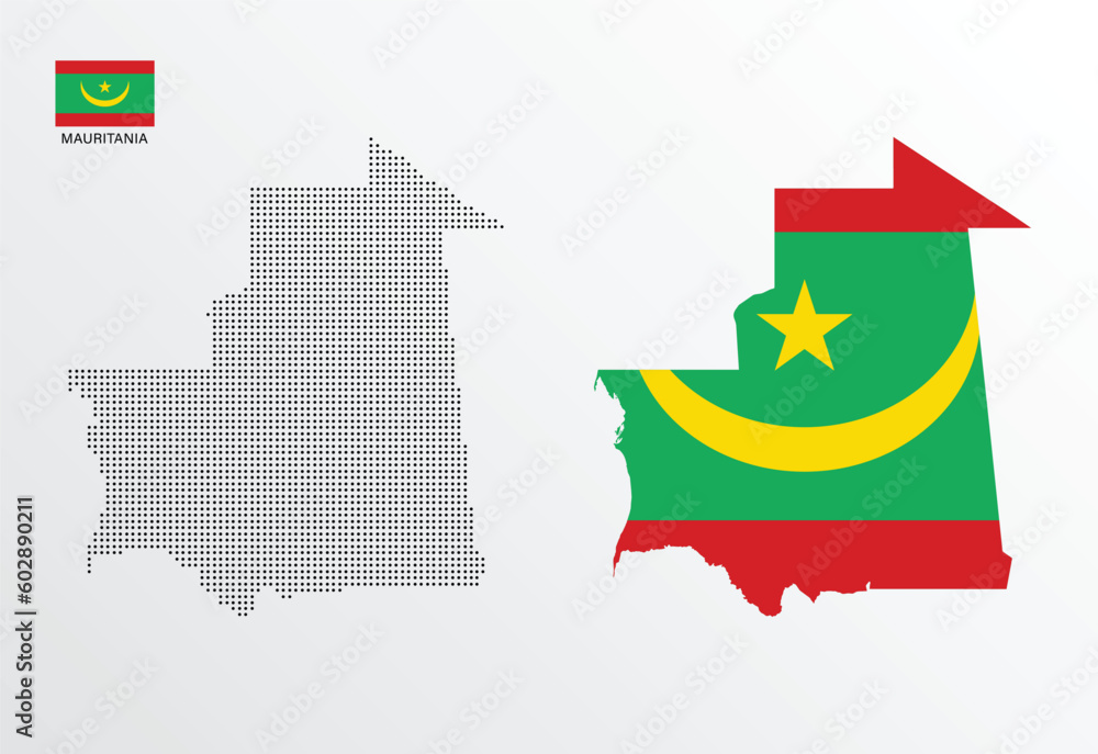 Set of political maps of Mauritania with regions isolated and flag on white background