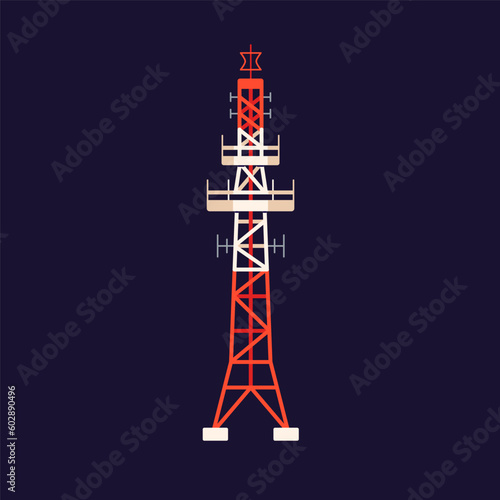 Transmission, telecommunication tower with antenna for electromagnetic signal transmitting. Telecom structure, radio mast. Broadcasting equipment, technology. Isolated flat graphic vector illustration