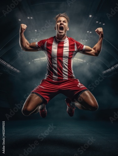 a soccer player in a red and white striped jersey jumping up in the air with his arms raised in celebration