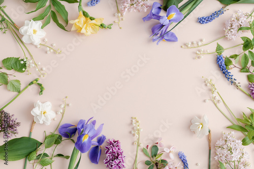 Fototapeta Naklejka Na Ścianę i Meble -  Beautiful tenderness floral background. Birthday, Happy Women's Day, Mother's Day. Flat lay, top view, copy space. Floral banner