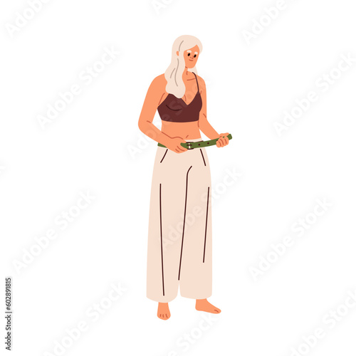 Girl taking on clothes, adjusting, tightening, fitting waist belt on trousers. Woman standing, putting on pants. Apparel wearing process. Flat vector illustration isolated on white background