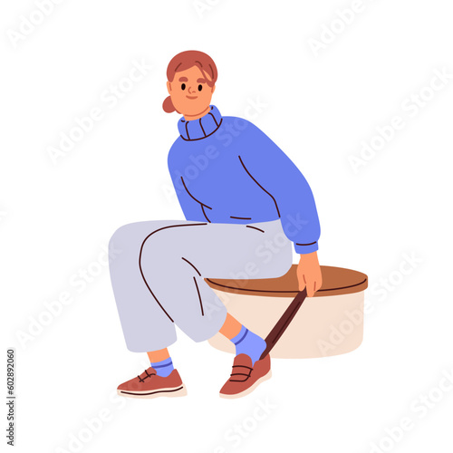 Woman taking on, trying shoes with shoehorn. Young girl getting ready to go out, wearing, putting footwear, sneakers, sitting on seat. Flat vector illustration isolated on white background