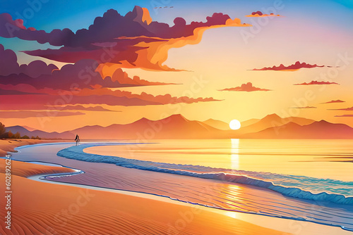 summer poster with elements like a summer sunset, a beach scene