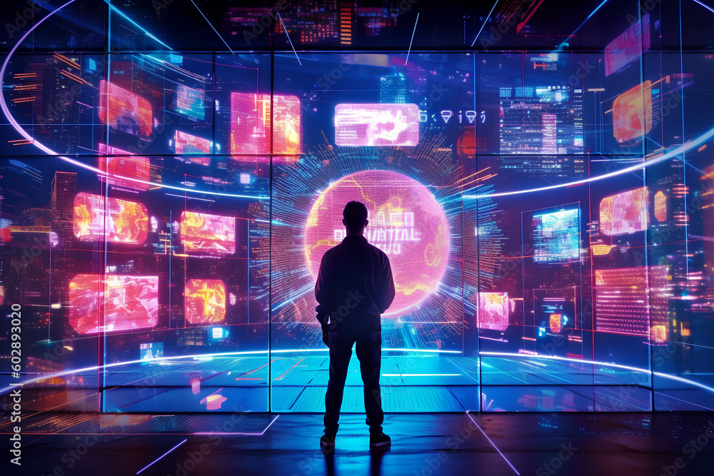 The silhouette of a person standing in front of a large digital screen with a global data flow showing various cyber threats and vulnerabilities, Generative AI The silhouette of a person standing in front of a large digital screen with a global data flow showing various cyber threats and vulnerabilities, Generative AI