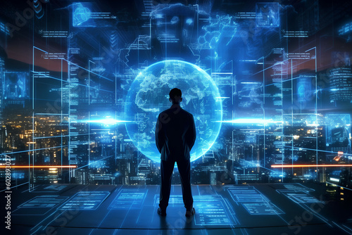 The silhouette of a person standing in front of a large digital screen with a global data flow showing various cyber threats and vulnerabilities, Generative AI