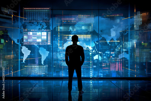 The silhouette of a person standing in front of a large digital screen with a global data flow showing various cyber threats and vulnerabilities, Generative AI