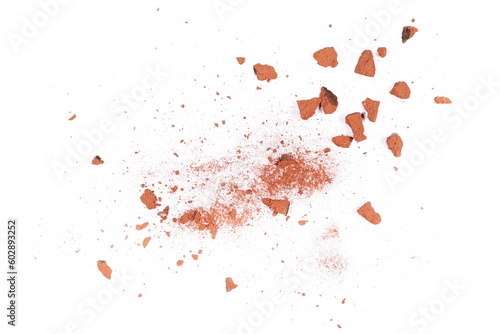 Shattered, broken red tiles isolated on white, top view