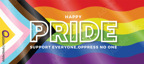 Happy Pride month, support everyone oppress no one - text on waving rainbow LGBTQ pride flags texture background vector design