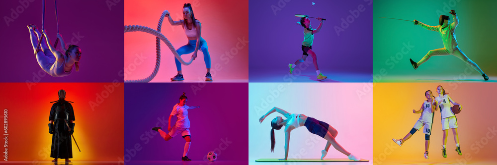 Collage. Different people, men and woman in uniform training, doing various kind of sports against multicolored background in neon light. Concept of sport, action and motion, competition, game