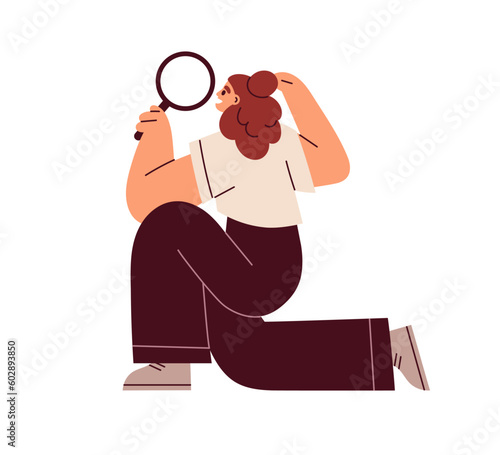 Person searching, checking, inspecting with magnifying glass. Business research concept. Woman investigating, analyzing, holding lens in hand. Flat vector illustration isolated on white background