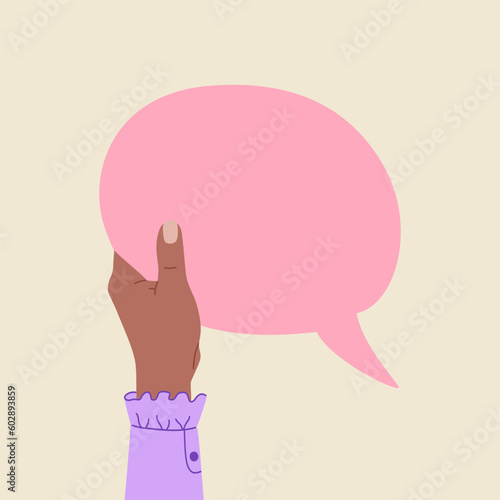 Female hand holding a speech bubbles. Communication concept. Hand drawn vector illustration isolated on light background. Modern flat cartoon style.