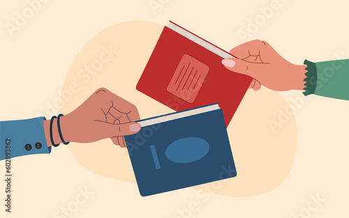 Book exchange or book crossing concept. Human hands swap literature. Hand drawn vector illustration isolated on light background. Modern flat cartoon style.