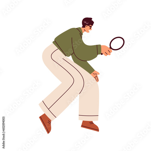 Business person searching, looking through magnifying glass, magnifier. Man examining, checking, studying, exploring. Audit, research concept. Flat vector illustration isolated on white background