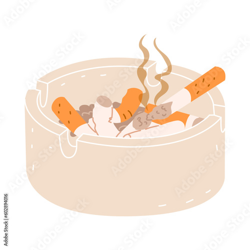 An ashtray ceramic or glass full of cigarette butts. Illustrations on the theme of tobacco smoking. Bad habits, unhealthy lifestyle. Vector object isolated on white background.