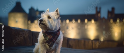 Portrait of white Scottish terrier dressed in tartan, with pride keeping watch over his beautiful old historic town at dusk - generative AI   © SoulMyst