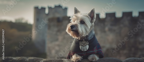 Portrait of white Scottish terrier dressed in tartan, with pride keeping watch over his beautiful old historic town at dusk - generative AI   © SoulMyst