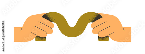 Hand holding abstract geometric shape. Creative geometry element, curved wave...