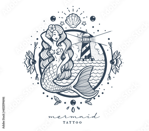 Mermaid Tattoo vintage style, claims, 
Lighthouse , Vector illustration