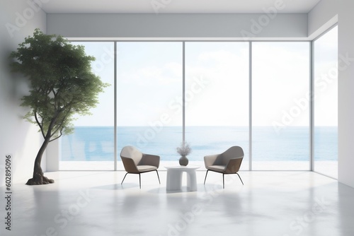 indoor empty interior chair floor home wall plant blank window design. Generative AI.
