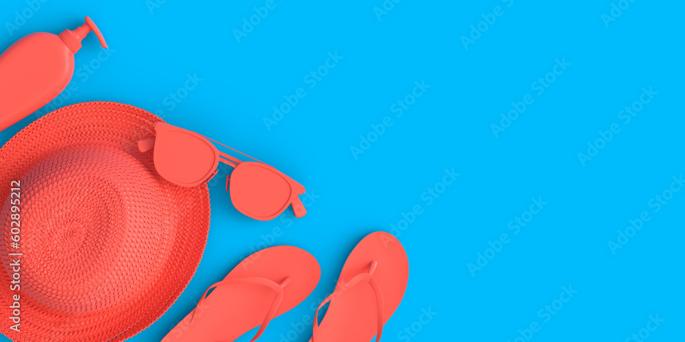 Fototapeta premium Colorful beach accessories for summer vacation on monochrome background.