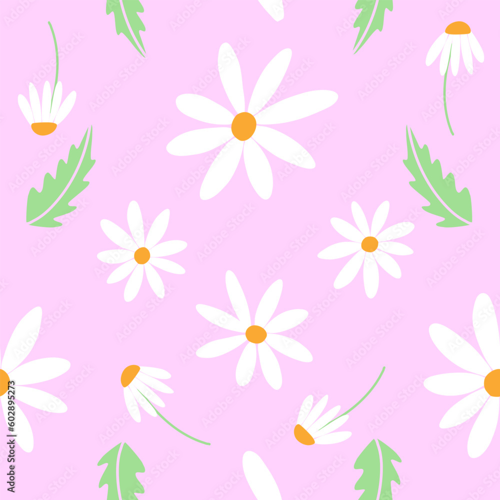 Seamless pattern with daisy flower field on purple background vector illustration. Pattern of daisies and leaves. Summer Bouquet of daisies
