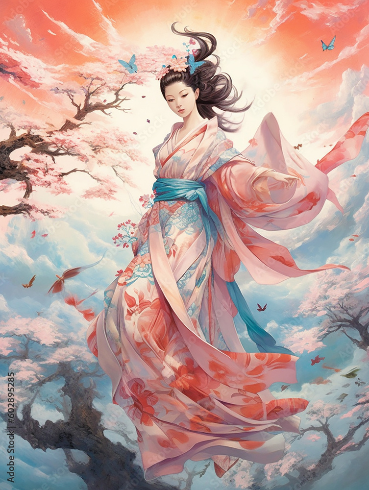 A geisha in a kimono among the cherry blossoms. Flying girl. Japanese style