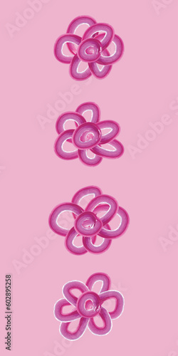 Set of 4 pink Watercolor carttoon doodle flower illustration icons, simple beautiful composition of decorative elements, isolated on grey background, hand drawing.