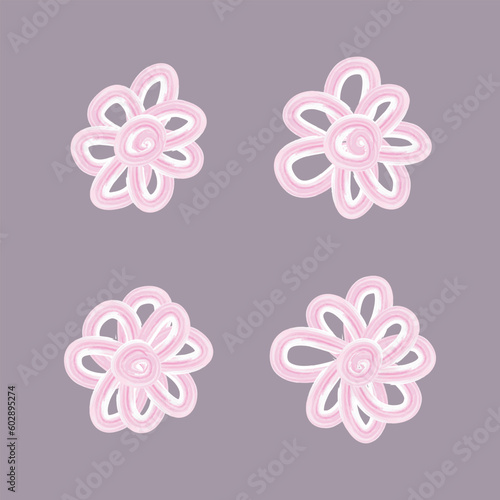 Set of 4 pink Watercolor carttoon doodle flower illustration icons, simple beautiful composition of decorative elements, isolated on grey background, hand drawing.