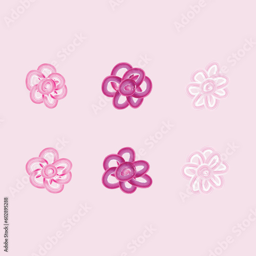 Set of 6 pink Watercolor carttoon doodle flower illustration icons  simple beautiful composition of decorative elements  isolated on grey background  hand drawing.