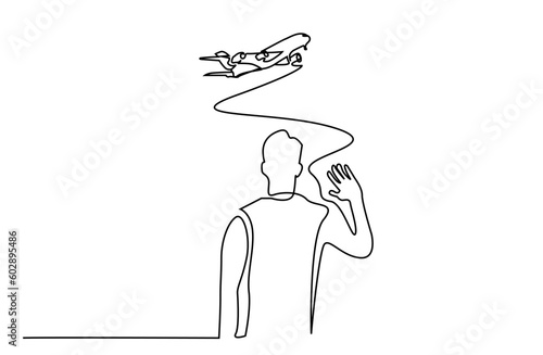 person human plane flying waving goodbye back rear behind line art