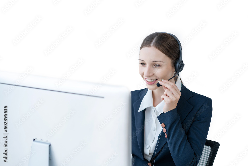 Serious call center operator in wireless headset talking to customer, woman in headphones with microphone consulting customer on phone in customer support service, looking at computer screen. Serious call center operator in wireless headset talking to customer, woman in headphones with microphone consulting customer on phone in customer support service, looking at computer screen.