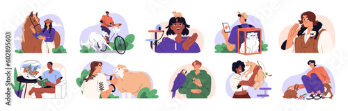 People and different pets set. Male and female owners and cute home animals, dog, cat, hamster, parrot, rabbit, fish in aquarium, horse and lamb. Flat vector illustrations isolated on white background